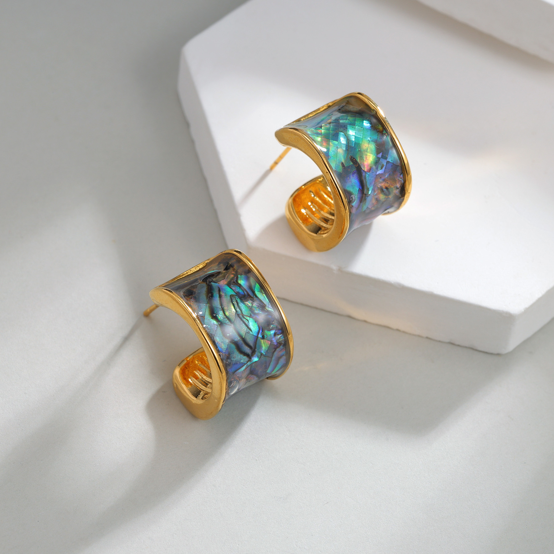 Kissmoon Trendy C-Shaped Abalone Shell Earrings for Women Stainless Steel 18K Gold Plated Curved Earring Birthday Jewelry