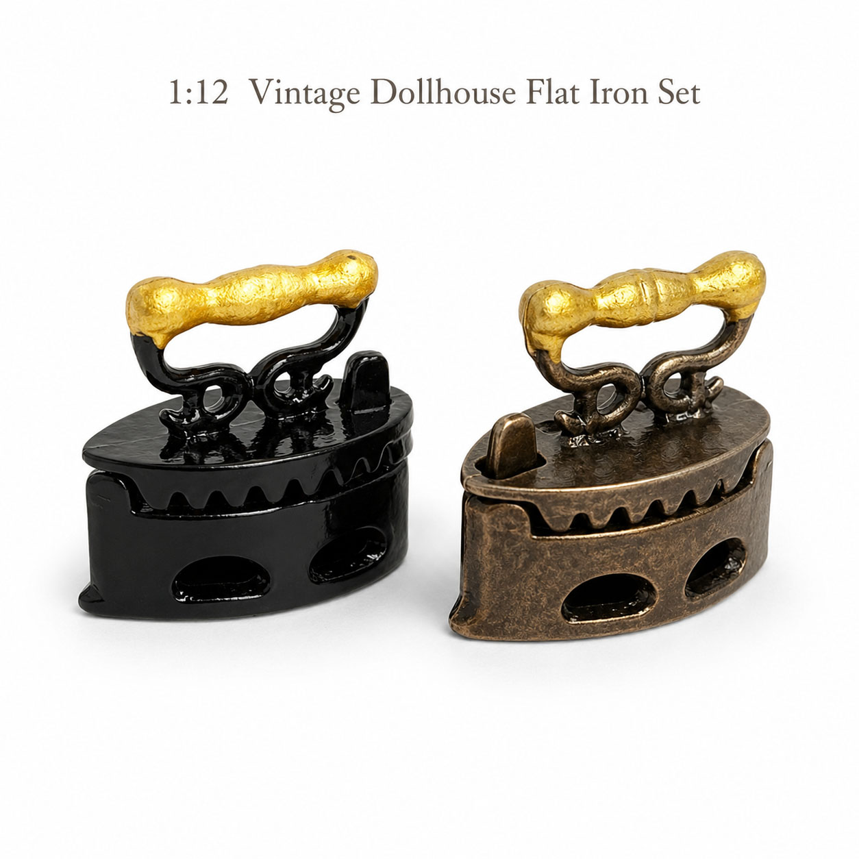 1:12 Vintage Dollhouse Flat Iron Miniature Retro Iron Model Laundry Room Decor Accessory, Black & Antique Bronze, DIY Scene Prop