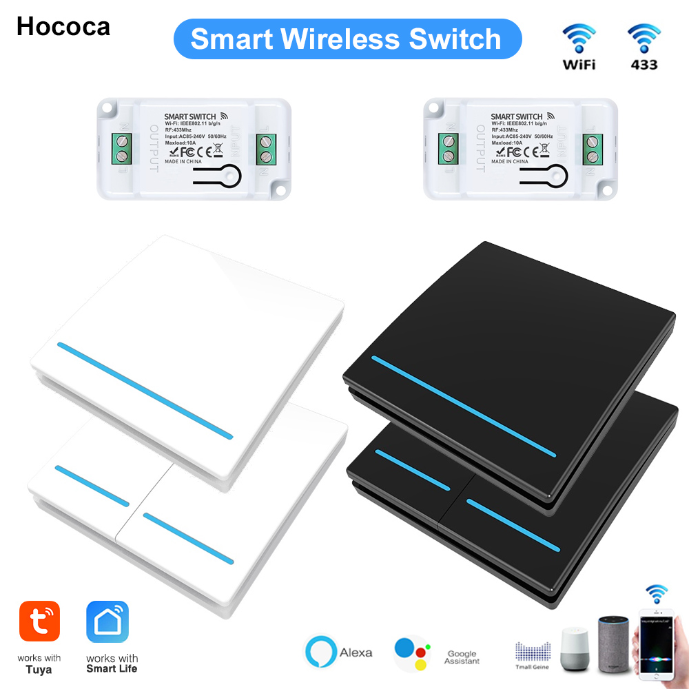 Long Distance Smart Tuya Wifi Wireless Switch Black And White 1/2/3gang RF433 Remote Control Light Switch CR2032 Power Supply