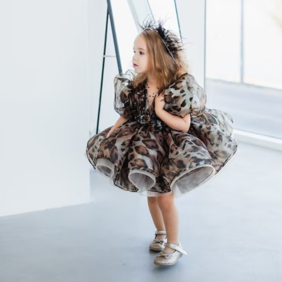 Baby Girls Leopard Print Puffy with Clothes Toddler Kids Puff Costume First Birthday Party Costume Chidlren Tutu Dresses