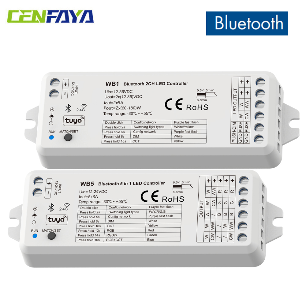 CENFAYA LED Controller Bluetooth Control Dimmable CCT RGB RGBW RGBCCT COB LED Strips Compatible with Tuya App Echo Alexa