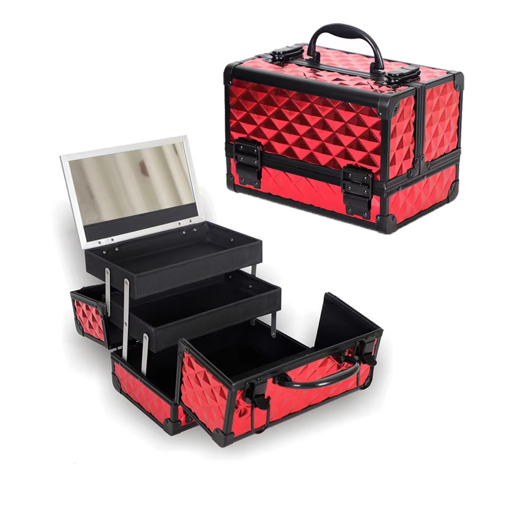 Large Capacity Makeup Train Case Aluminum Alloy Case Nail Art Embroidery Tool B Portable Beauty Cosmetic Bag with Mirror