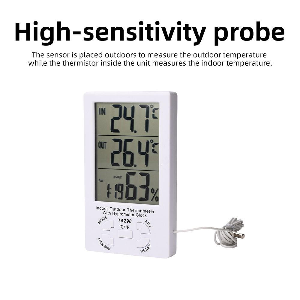 TA298 Digital Thermometer Hygrometer Indoor Outdoor Temperature Humidity Meter Sensor Clock ℃/℉ High Accuracy Home Thermometer