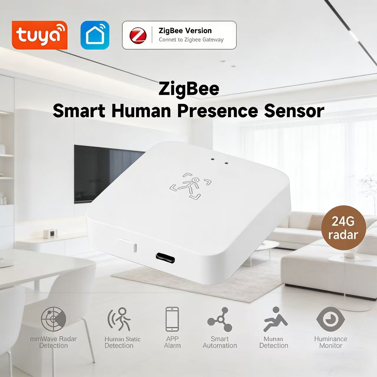 Tuya Zigbee Human Presence Detector 24G Radar PIR Motion Sensor Works with Alexa Assistant Smart Home Security