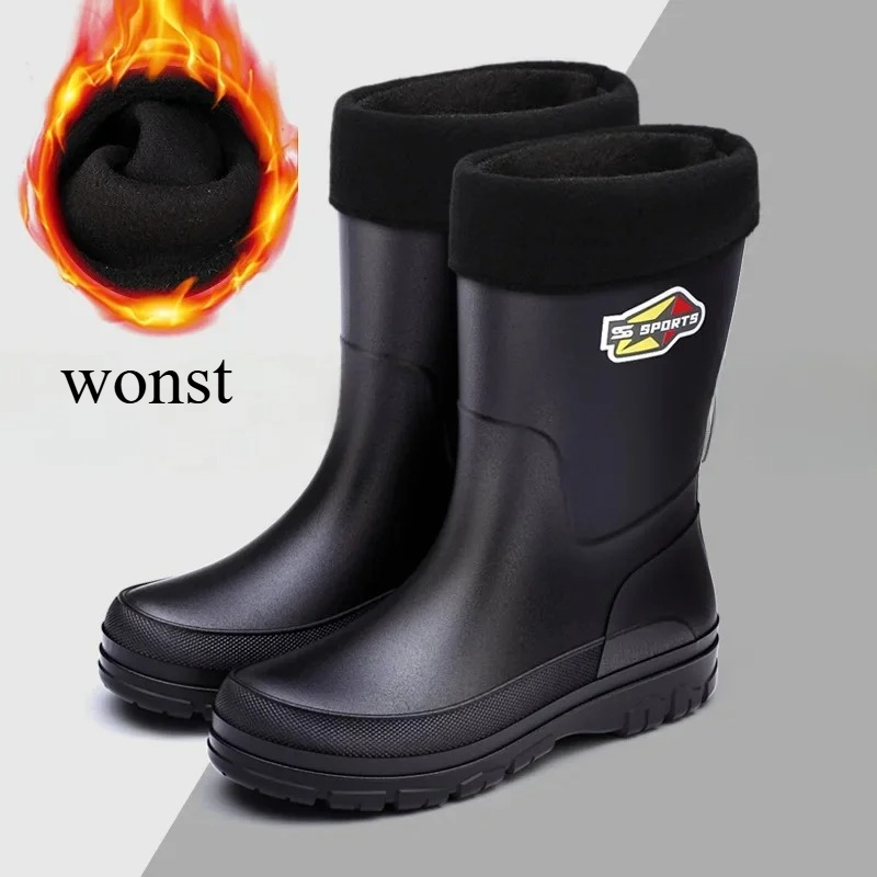Winter Men's Mid-Calf Rain Boots Pure Black Fishing Boots Slip-Resistant Large Size 30-48 Waterproof Rubber Shoes Eco-Friendly