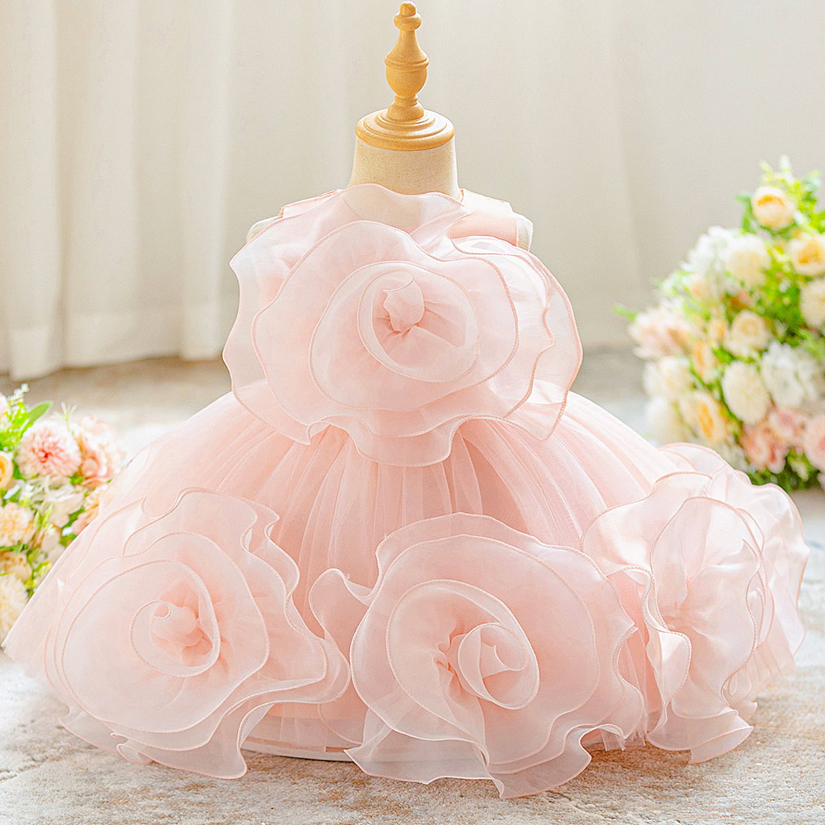 Fluffy 3D Flower Princess Baby Party Girl Dress Elegant Pink 1st Birthday Wedding Kids Clothing Bow Bridesmaid Evening Prom Gown