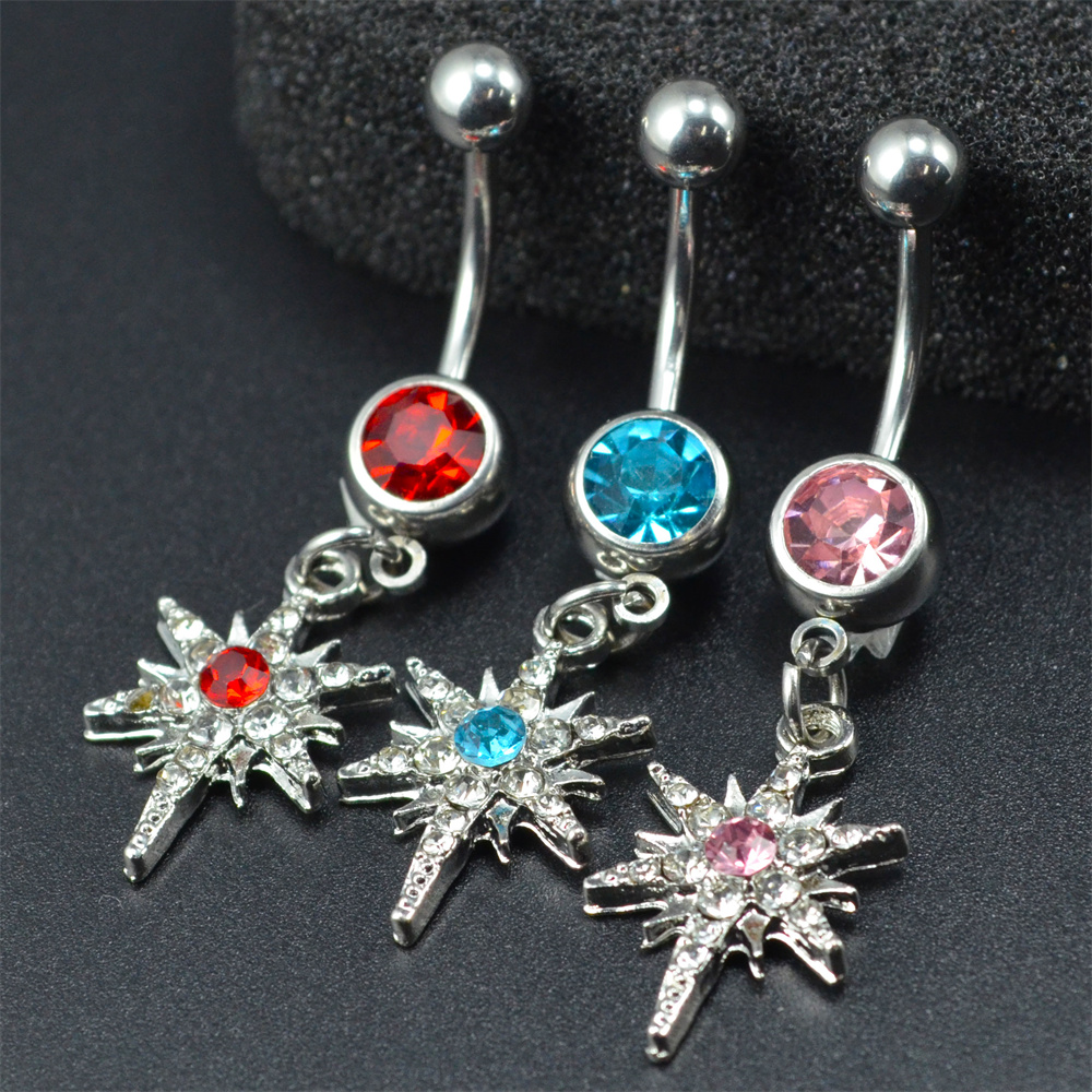 1pcs Rhinestone Star Belly Button Ring Stainless Steel Six Pointed Star Belly Button Ring Navel Ring Body Piercing Jewelry
