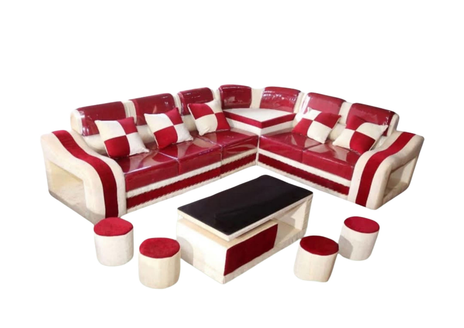 Modern Luxury Velvet L Shaped Sofa Set For Living Room Office with Four Round Seats/Muda, White red