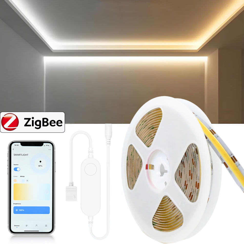 Tuya Zigbee CCT COB LED Strip 12V 1m 2m 3m 5m 10m FOB Flexible Dimmable Tape 2700K to 6500K Lighting for Alexa Assistant