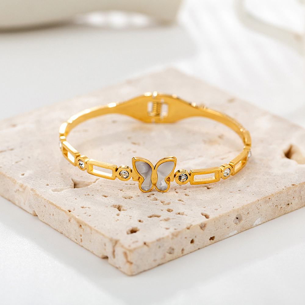 Fashion White Shell Butterfly Numeral Titanium Steel Bangle Hollow Circle Button Bracelet Jewelry s for Women