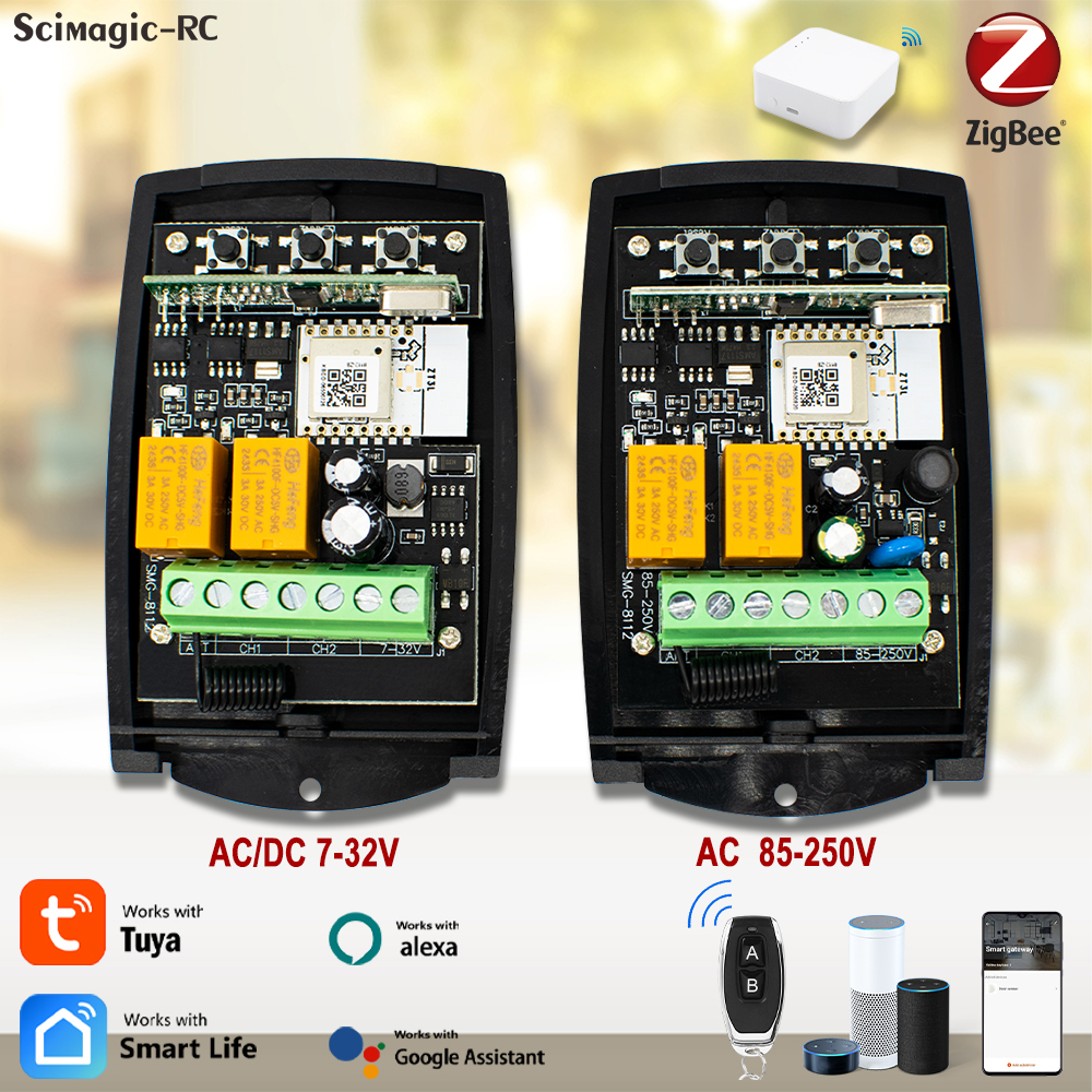 Zigbee Tuya Smart Door Switch 433MHz Universal Garage Door Receiver 2CH Remote Control Gate Opener Controller Transmitter