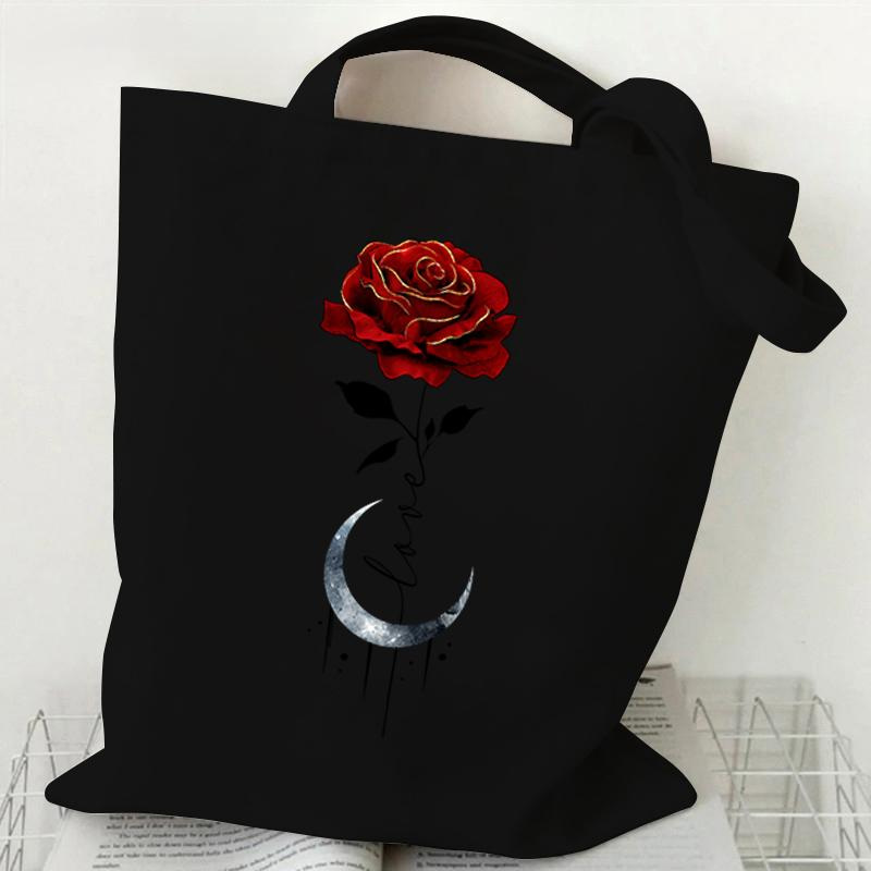 Gothic Red Rose Moon Canvas Tote Bag for Women, Aesthetic Dark Floral Reusable Shoulder Bag Alternative Casual Tote Vintage
