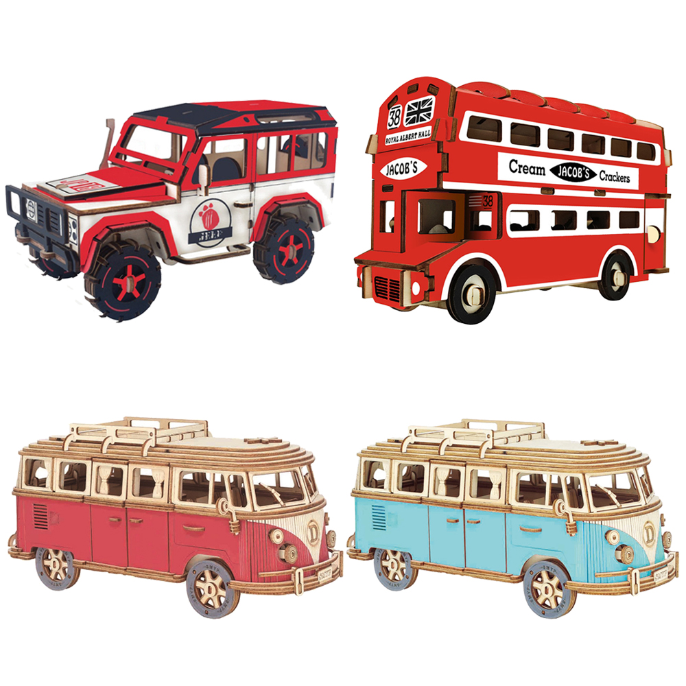 Retro Wooden 3D Car Puzzle Bus Model Suv Thunder DIY Assembly Building Kit Eco-Friendly Toy for Children Kids Home Room Decor