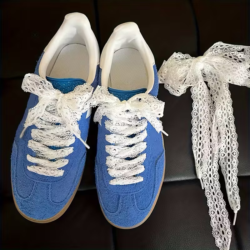 2Pair Elegant White Lace Bow Shoe Laces - 47.24" Long V-Cutout Korean Style, for Sneakers Flats Wedding Shoes