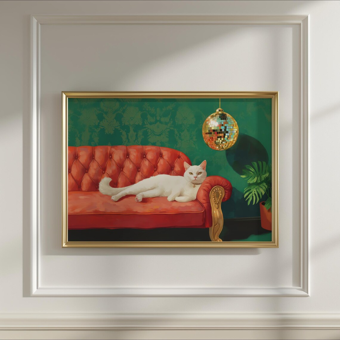 White Cat with Disco Ball Art Print | Cute Quirky Whimsical | Cocktail Art Bar Cart Decor | Fine Art Print | Trendy Home Wall Ar