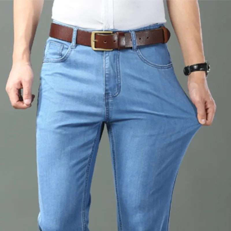 Spring/summer Thin Denim Straight Cotton Stretch Jeans Men Business Casual Cloth High Waist Ice Silk Lightweight Trousers