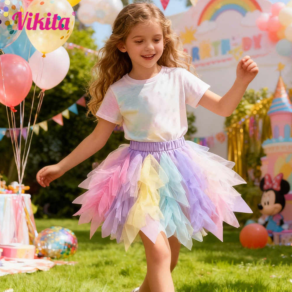 VIKITA Girls Rainbow Multicolor Tutu Skirt Kids Colorful Tulle Ballet Dance Princess Party Layered Mini Skirt 3-10Y Cute Outfit