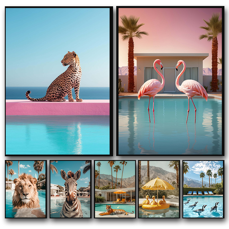 1pc frameless canvas painting Leopard Penguins Zebra Flamingo Lion Pig in The Swimming Pool Poster Print Wall Art Picture Can