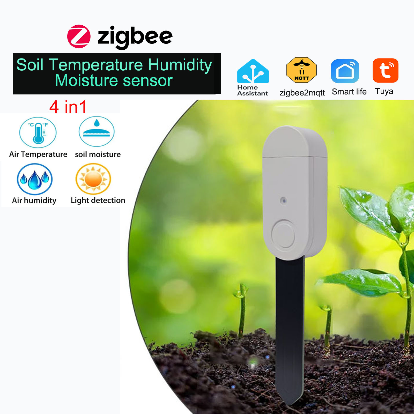 Tuya Zigbee Temperature Humidity Moisture Detector Smart Soil Moisture Light Sensor Real Time Monitor Support Home Assistant Z2M lightify