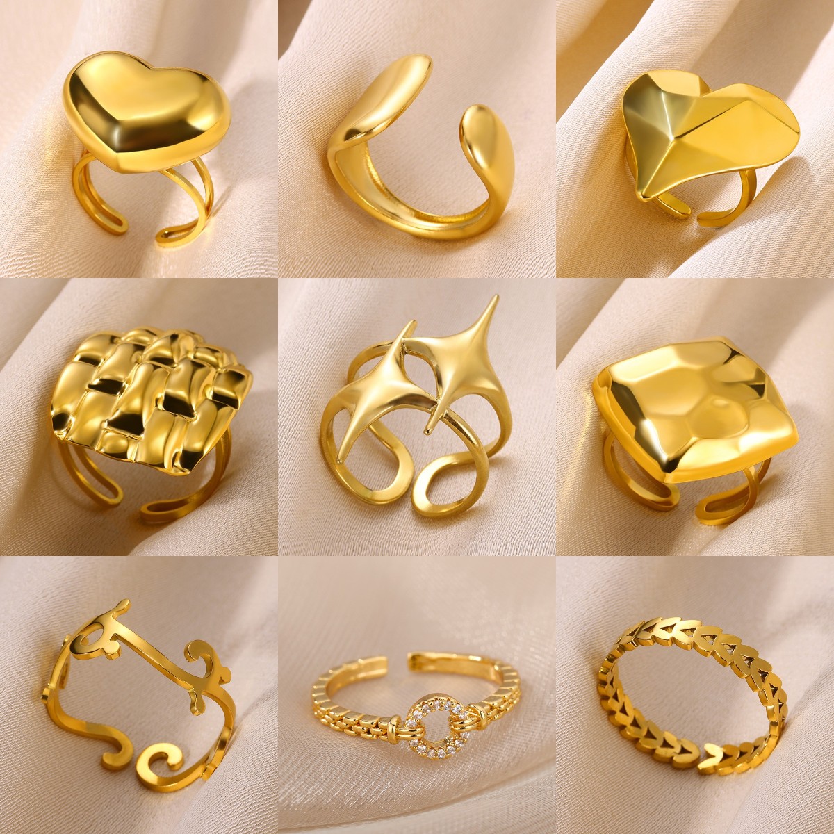 18K Gold-Plated Star Open Rings for Women Classic Stainless Steel Heart Wide Rings Fashionable Vacation Jewelry Free shipping
