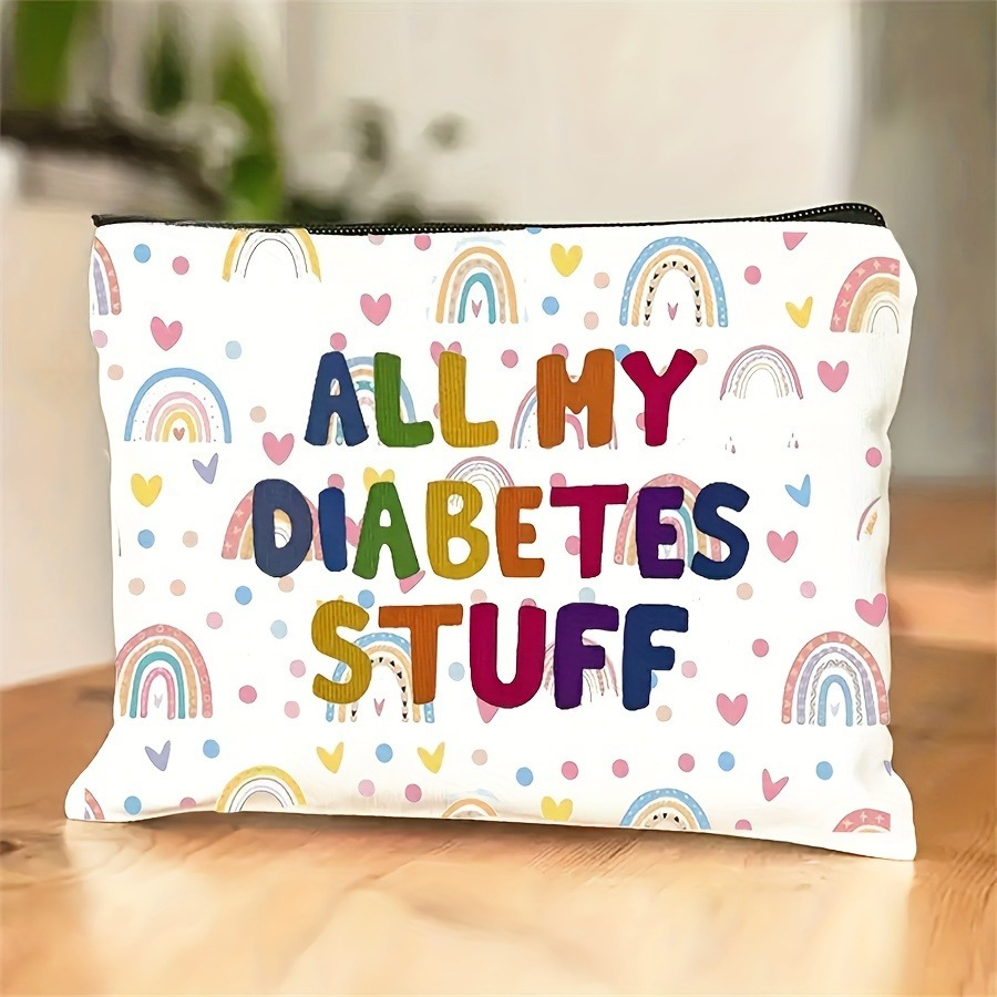 1pc Polyester Travel Cosmetic Bag with Zipper Closure - "All My Diabetes Stuff" Design with Colorful Hearts & Rainbows