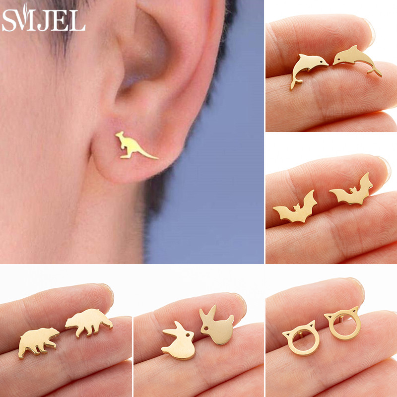Stainless Steel Mini Animal Piercing Stud Earrings for Women Punk Bear Dolphin Bat Earings Fashion Jewelry Hallowmas Party