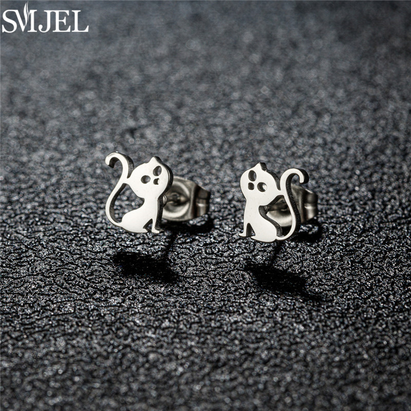 Sweet Cute Stainless Steel Cat Stud Earrings for Women Fashion Mini Animal Earings Simple Kitten Ear Jewelry Girls Birthday