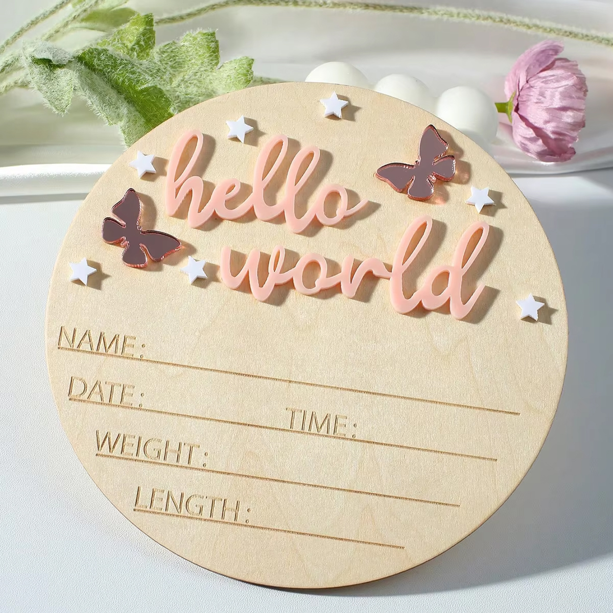 Ylsteed hello world newborn name sign pink butterfly star deco baby birth announcement sign wooden cards newborn photo props