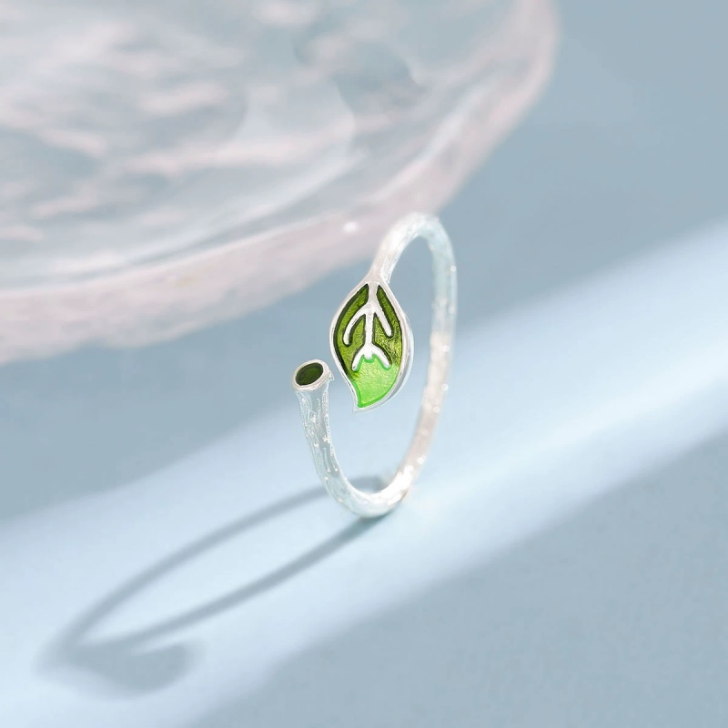 Uini-Tail hot new 925 sterling silver art small fresh branch green leaf ring Creative simple opening adjustable ring JZ144