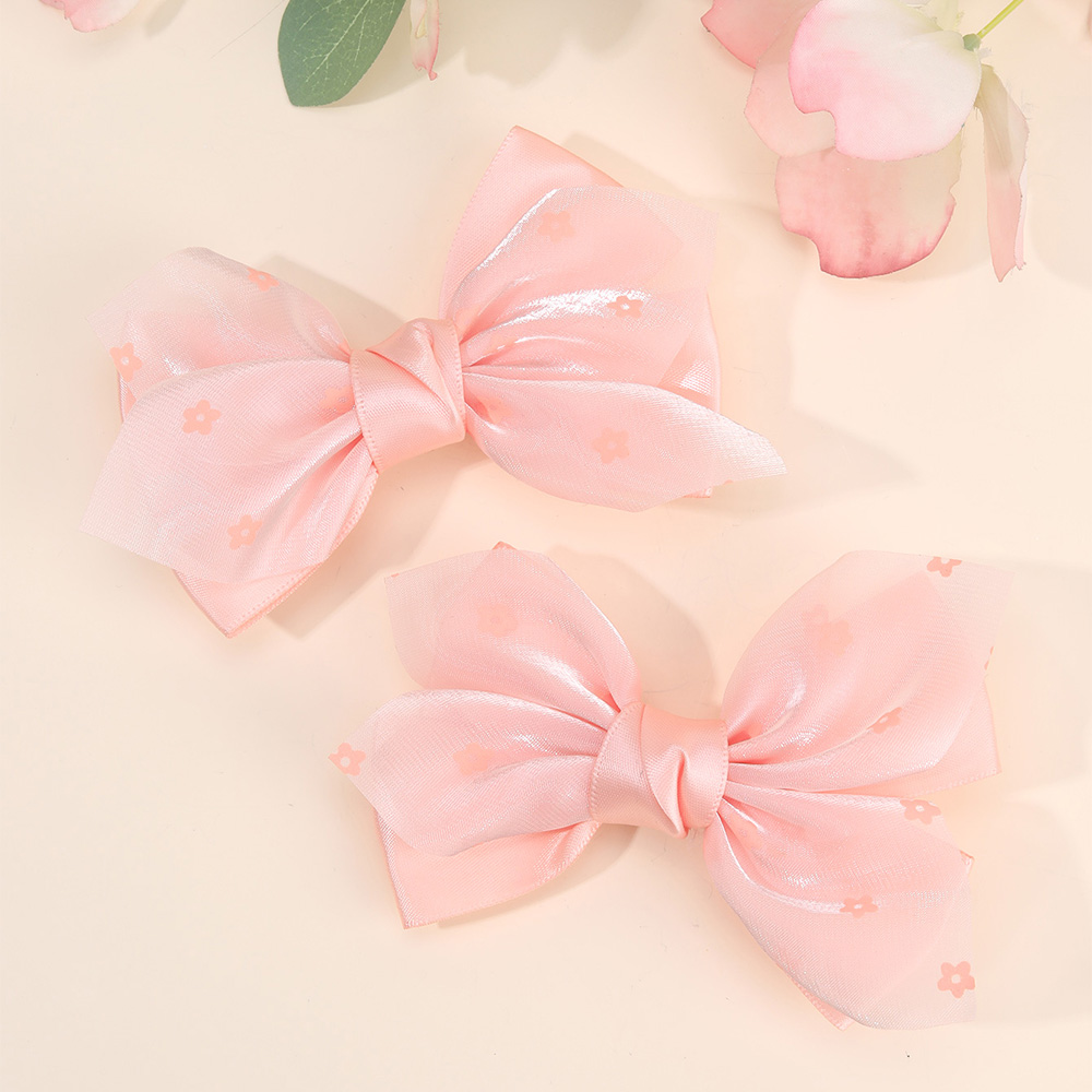 2Pcs New Satin Bow Hair Clips Pink Luxury Flower Chiffon Hairpins For Girl Handmade Floral Barrette Children Headwear Accesories