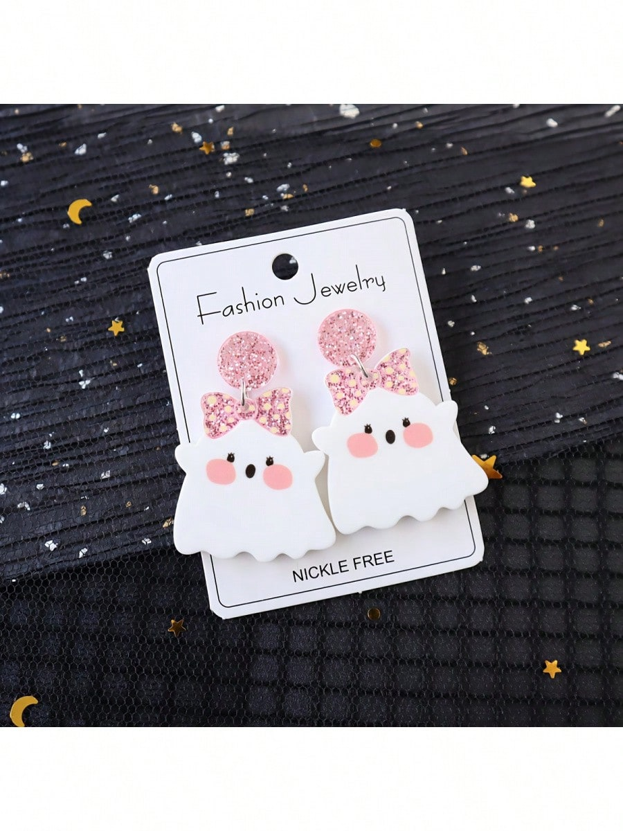 Pair Of Halloween Acrylic Shiny Earrings Pink Bow Ghost Cute Funny Sweet Earrings Party Holiday Earrings