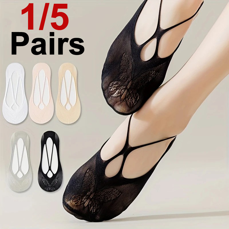 1/5 Pairs Women Lace Invisible Socks Fashion Butterfly Pattern Summer Thin Breathable Comfortable Silicone Anti Slip Socks