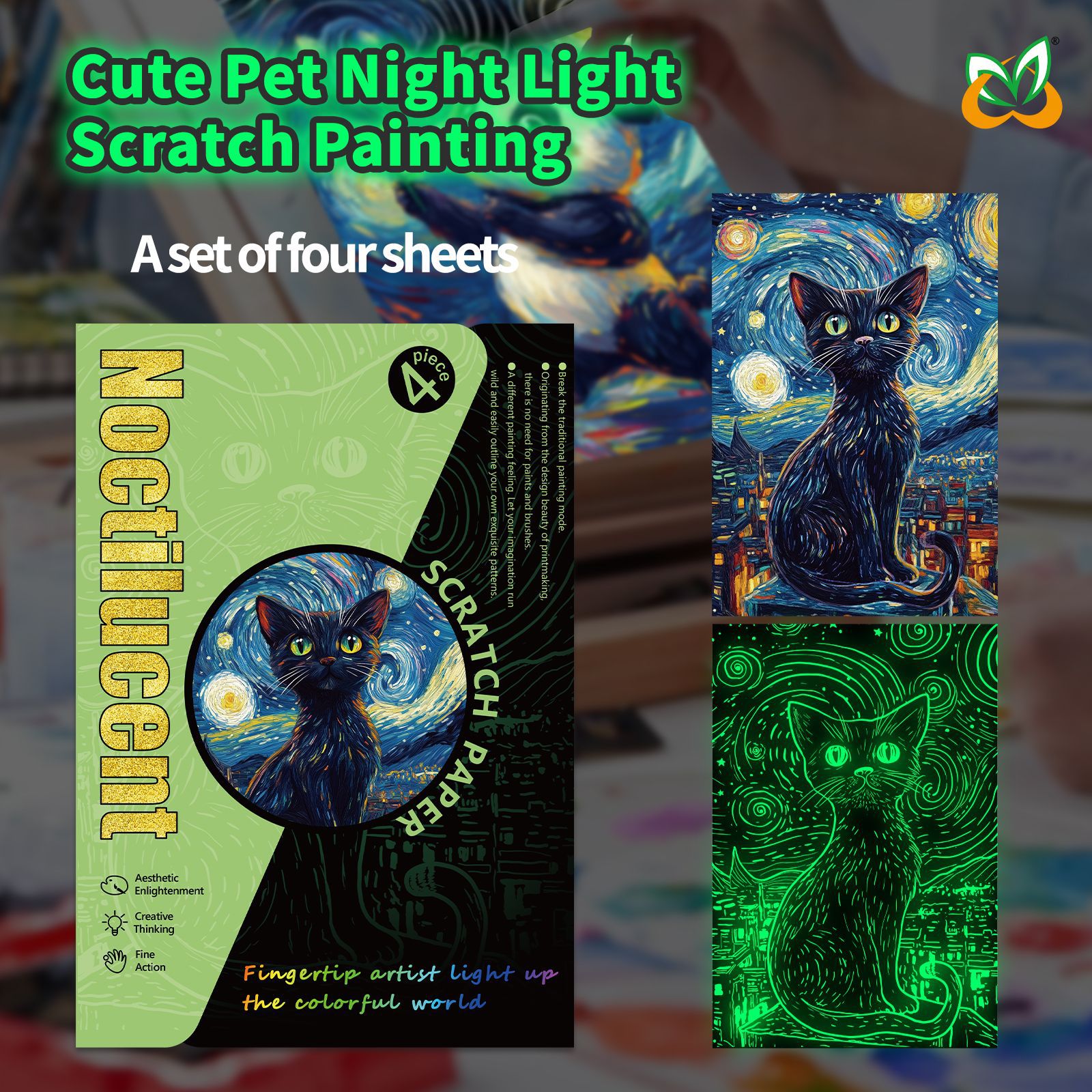 4 Pcs/Set A5 Noctilucent DIY Scratch Painting Cute Pet Animal Rabbit Panda Night Light Manual Scraping Painting Artistic Works