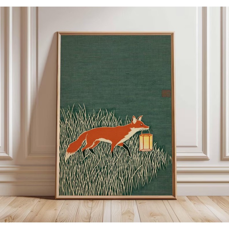 Fox Art Print, Japanese Style Animal Poster, Minimalist Nature Wall Art, Modern Woodland Illustration, Rustic Green Home Decor