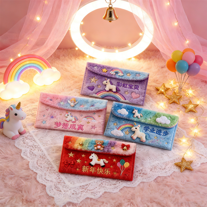 Faux-Fur Red Envelopes for 2026 - 6pcs Flat Cartoon Horse Year Lucky Money Pouches Innovative Chinese New Year Soft & Cute Gift