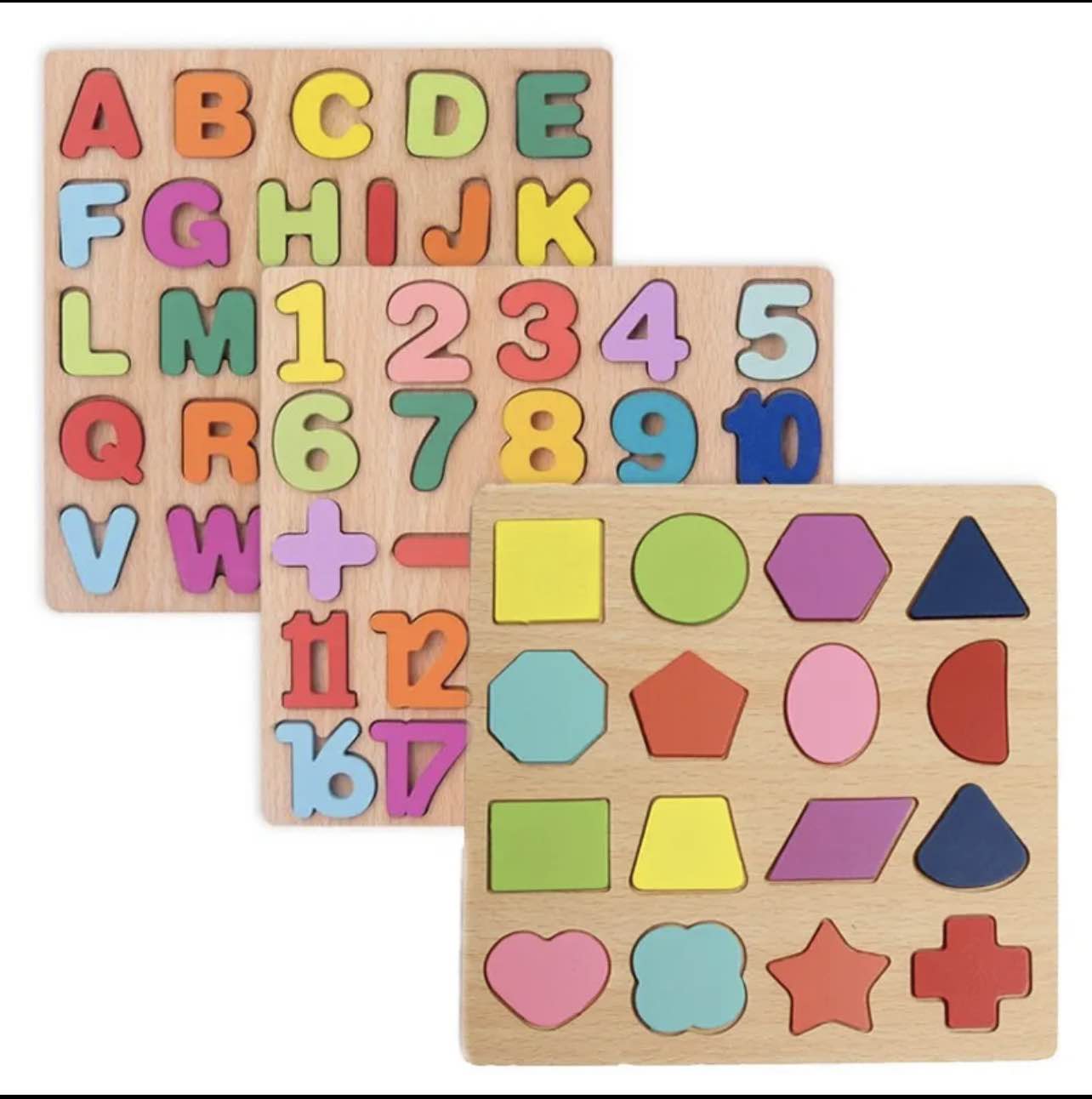 Wooden 3D ABC Alphabet, Numbers & Shapes Puzzle Board Set (Pack of 3) - Montessori Educational Toy for Toddlers & Kids 2-6 Years, Colorful Early Learning