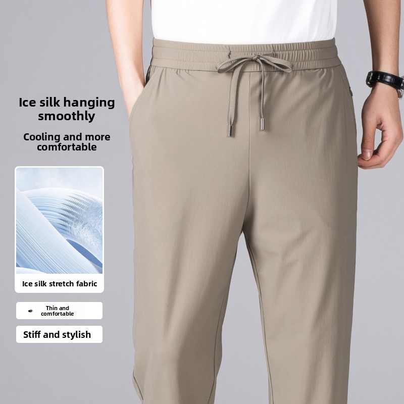 High Quality Ice Silk Stretch New Brand Casual Fashion Elastic Strappy Long Pants Street Style Pencil Teens Trousers Men Clothes