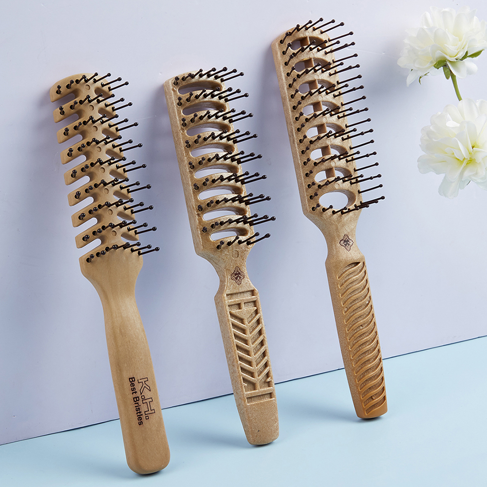 Fluffy Hair Brush Salon Hairdressing Comb Massage Ribs Hair Comb Scalp Barber Hair Styling Hair Comb Wood Handle Hollow Brush