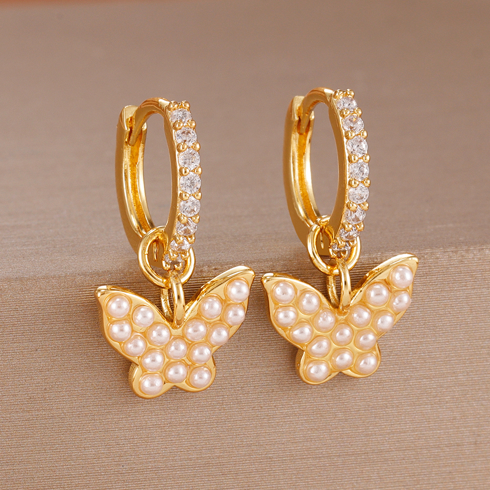 2PCS French Design Pearl Butterfly Dangle Earrings Gold Plated Cubic Zirconia Dangle Earring Women Fashion Jewelry Accessories