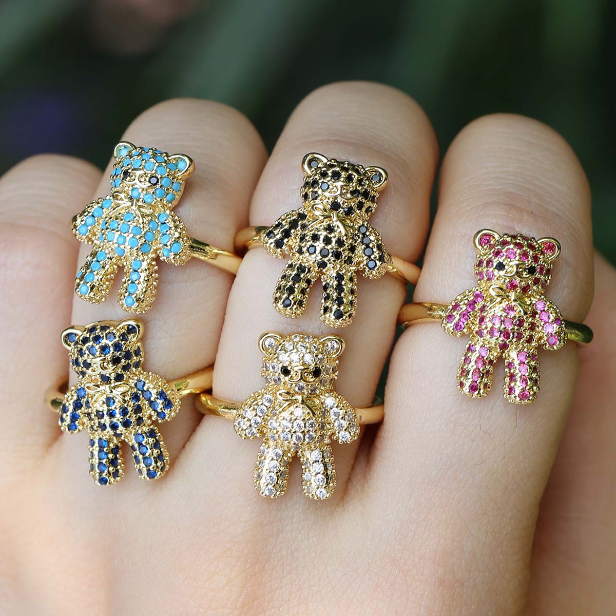 New Design Sweet Cute Copper Zircon Blue Black White Small Bear Animal Opening Rings Men Women Fashion Charm Jewelry