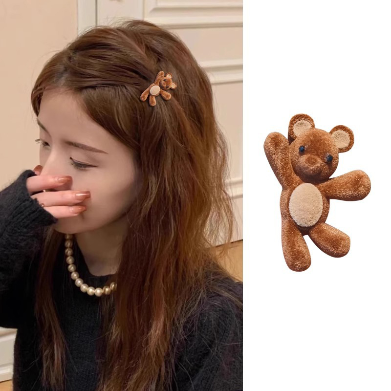 Cute Waving Bear Flocked Hair Clips Mini Non-Slip Alligator Clips for Women Girls Side Bangs Hair Pin Small Animal Fashion Hair