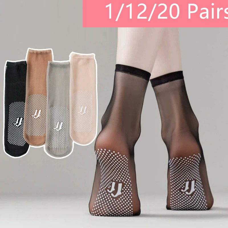 1/12/20 Pairs womens Summer Ultra Thin Middle Tube Socks Transparent Silicone Non-slip Invisible Socks For Women