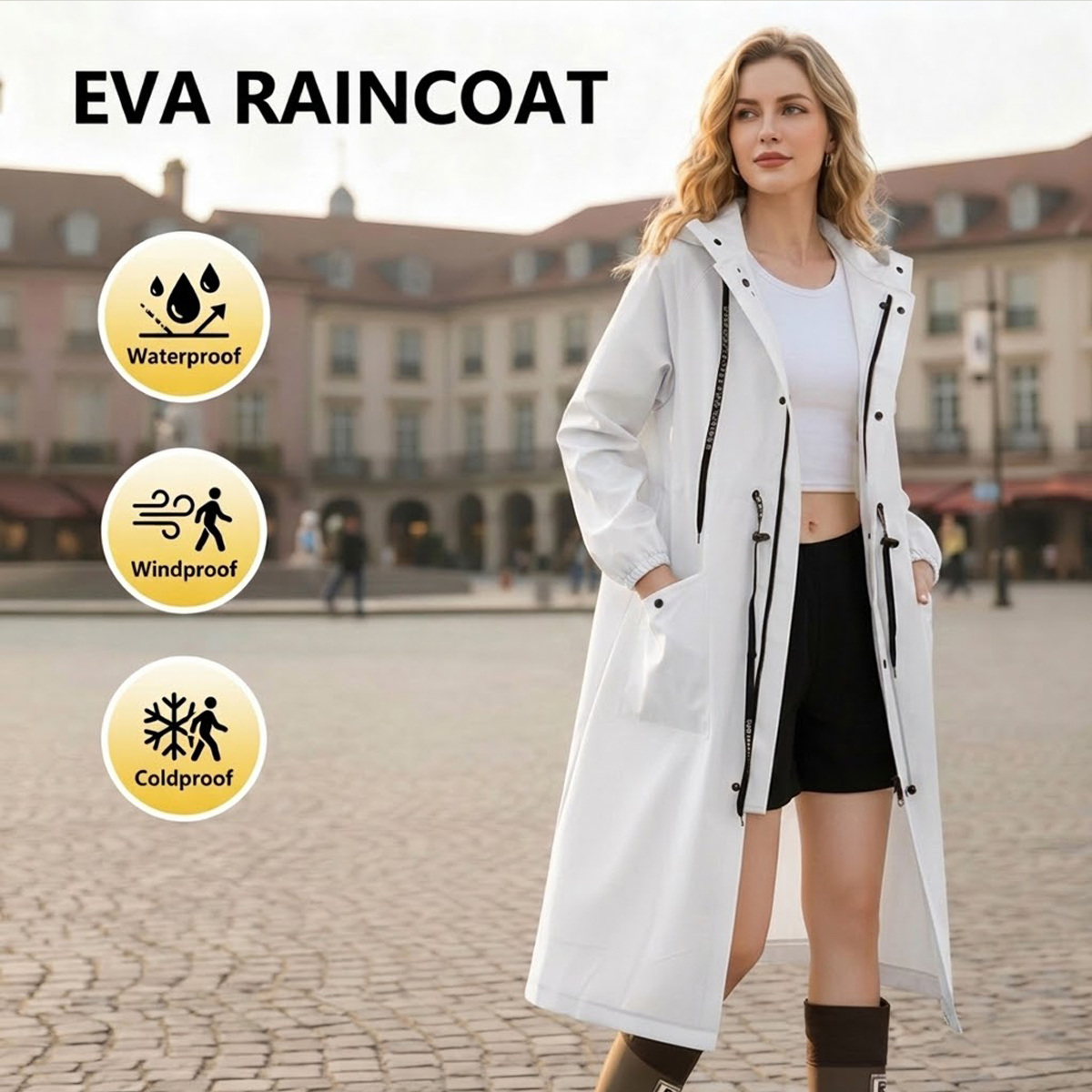 Women Long Waterproof Rain Jacket EVA Trench Coat Hooded Windbreaker Cycling Raincoat Drawstring Waist Outdoor Poncho