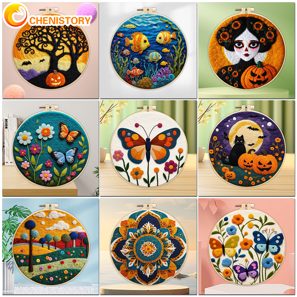 PhotoCustom Wool Felt Kit With Frame Felting Needles Mandala Flower Butterfly Wool Felt Tool DIY Handwork Wool Felting Painting