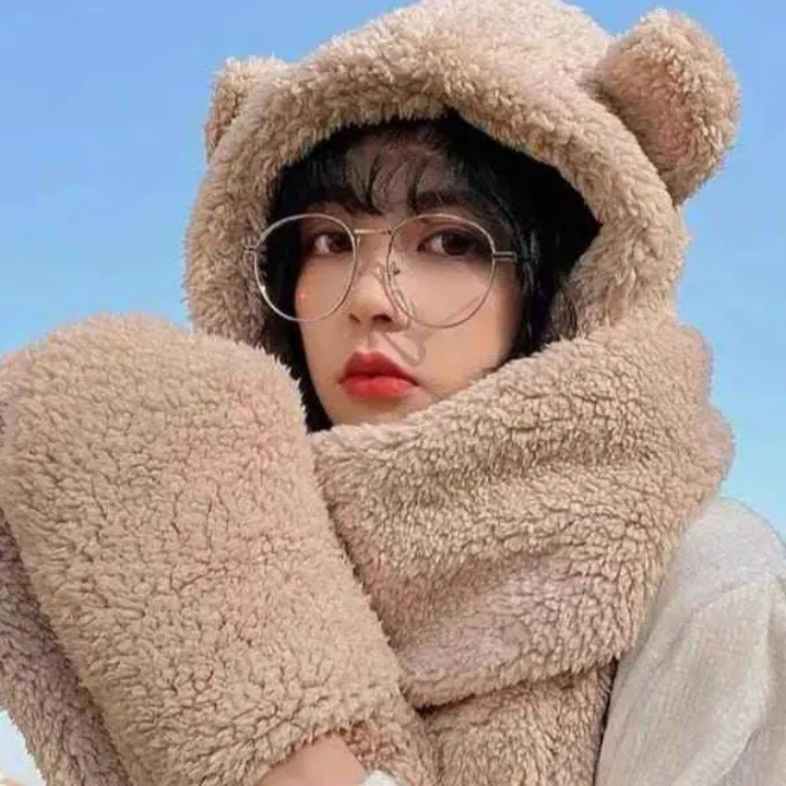 3 in 1 Girls Cute Bear Ear Hat, Gloves And Scarf Set