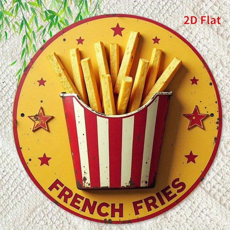 2D Flat, 1pc Retro French Fries Metal Wall Art Sign - Vintage Iron 7.8x7.8 Inch Durable Wall-Mounted Decor for Garden, Bedroom,