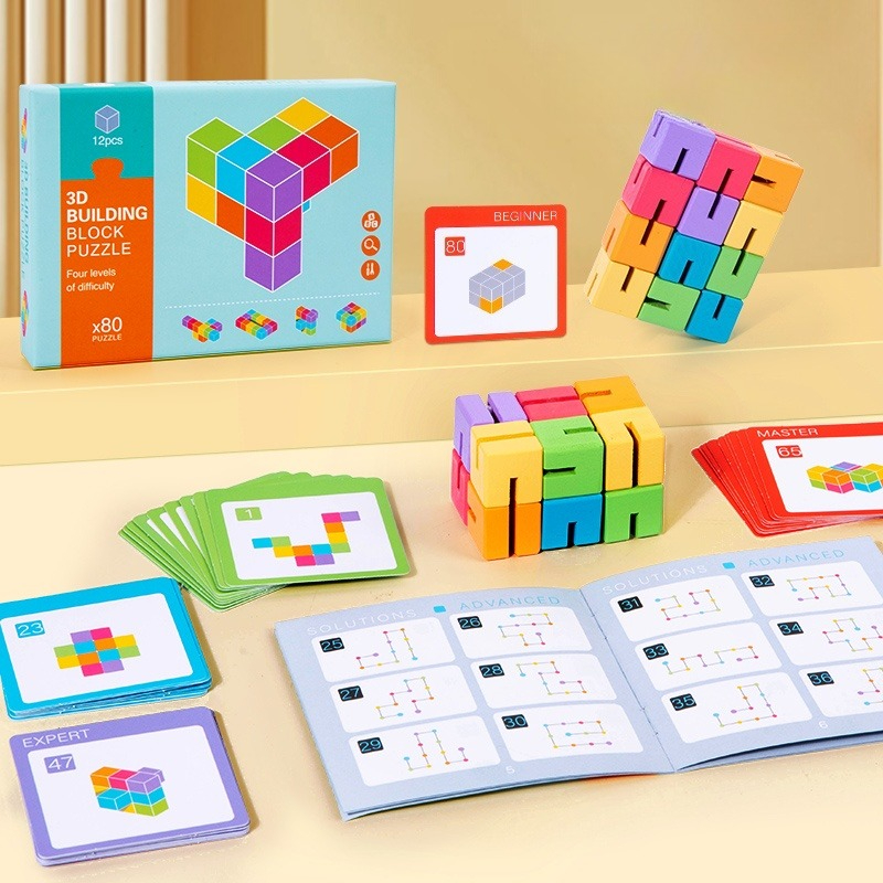 Wooden 3D Cube Building Blocks Puzzle Logical Reasoning Spatial Thinking Early Educational Toy for Kids
