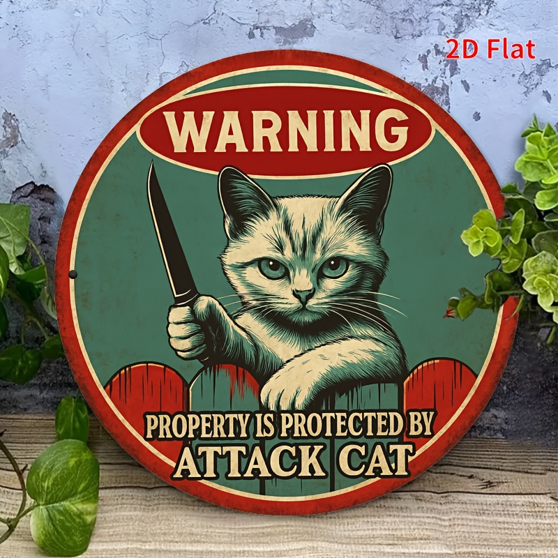2D flat, 1pc retro attack cat warning sign - retro poster with aggressive tabby cat and knife design, room decoration
