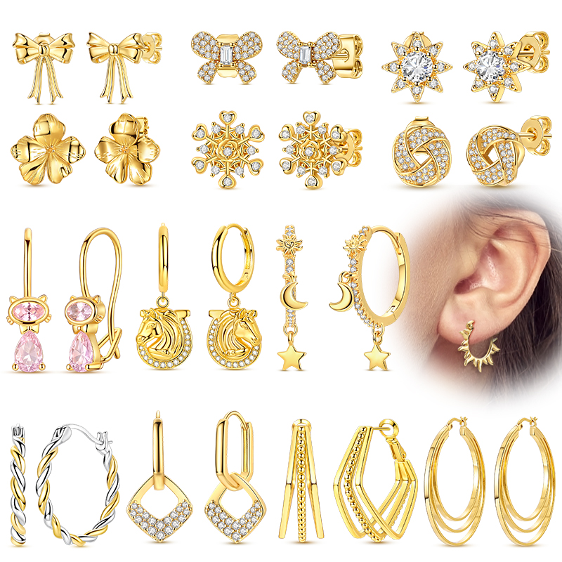 925 Sterling Silver Hoop Earrings Gold Color Ear Stud Drop Earrings For Girls Fine Jewelry For Woman
