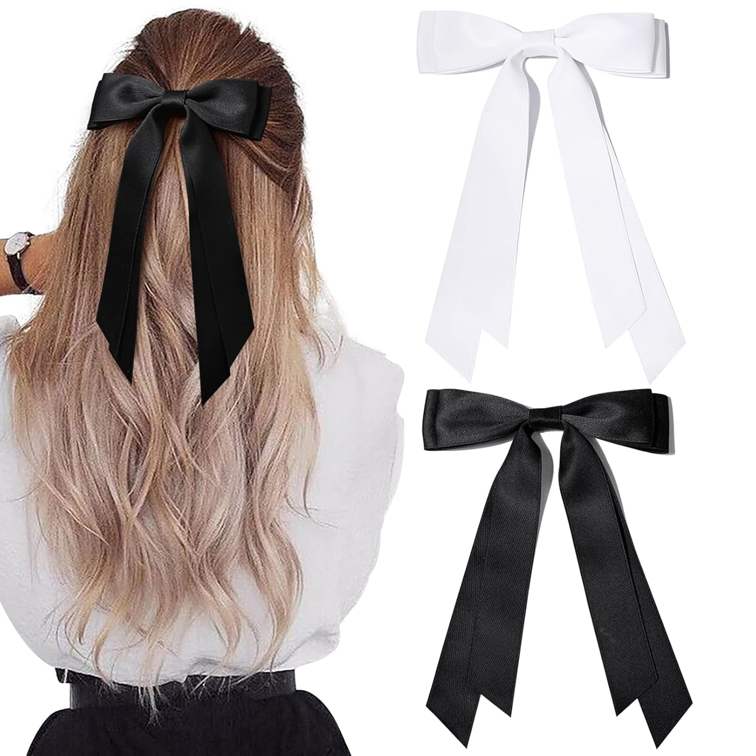 2Pcs Women Fashion Bilayer Bow Hair Clips, Soft Long-Tailed Bow Hairpins, Vintage Metal Hair Clip Silk Hair Accessories